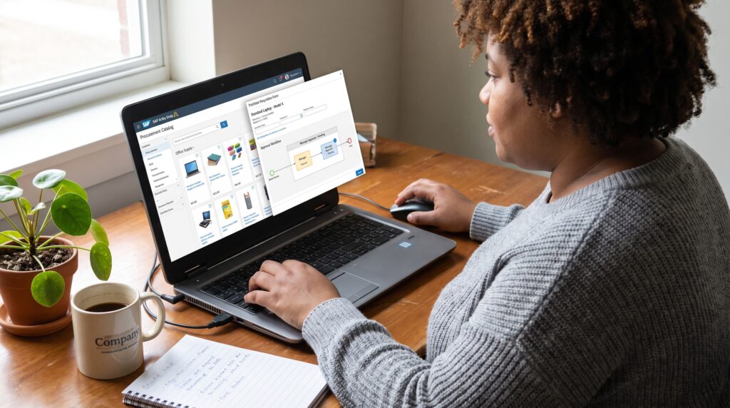 Femme travaillant sur un ordinateur portable, utilisant un logiciel de gestion des achats, avec des documents et une tasse de café sur son bureau.