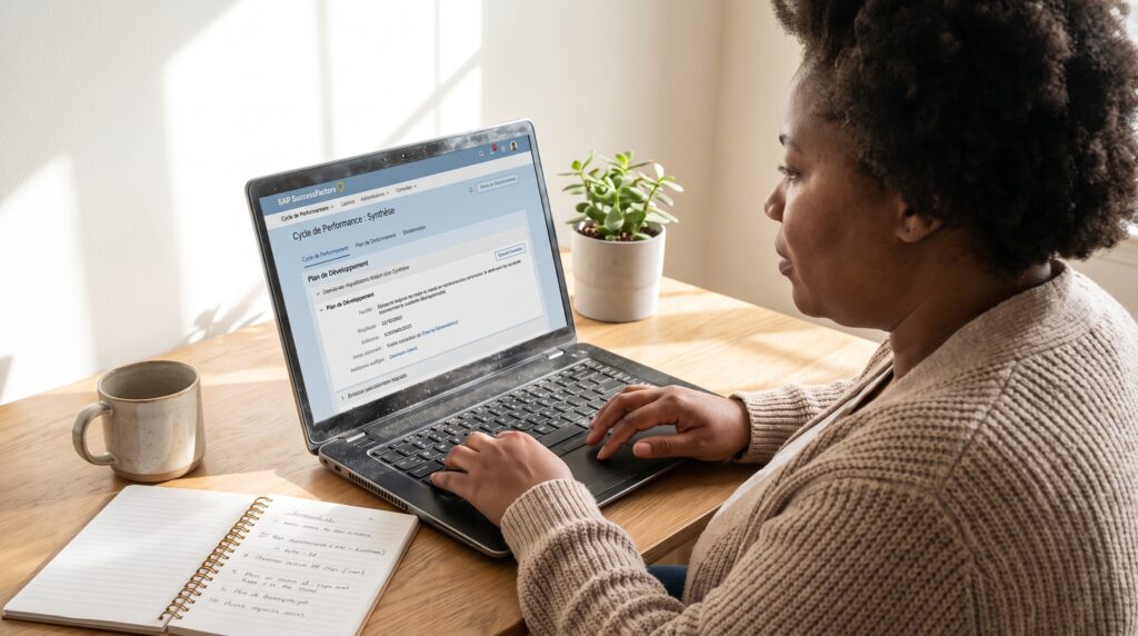 Femme utilisant un ordinateur portable pour accéder au module RH SAP HCM, avec une tasse de café et un carnet à côté.