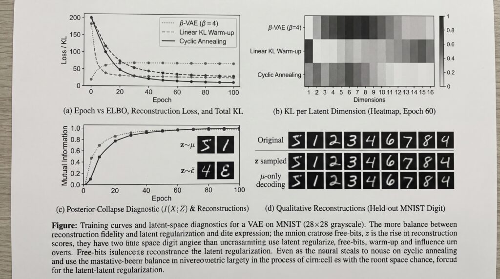 Graphiques montrant l'évolution de la reconstruction d'un VAE sur des chiffres MNIST, incluant la perte ELBO et des exemples de reconstruction.