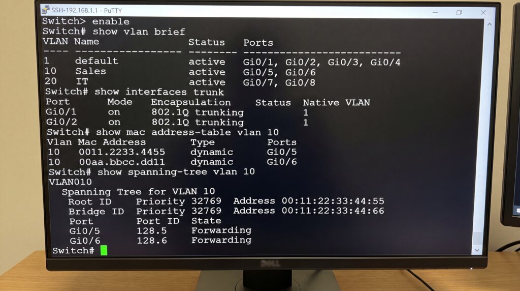 Écran affichant la configuration VLAN avec des informations sur les interfaces et leur état.