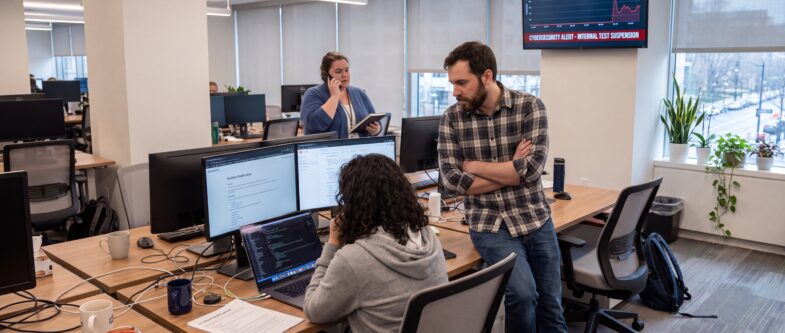 Équipe de développeurs collaborant dans un espace de travail avec plusieurs écrans d'ordinateur affichant du code ainsi que des données.