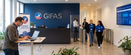 Espace d'accueil moderne au GIFAS, avec des collaborateurs impliqués dans des discussions et des activités de cybersécurité.