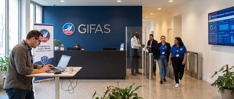 Espace d'accueil moderne au GIFAS, avec des collaborateurs impliqués dans des discussions et des activités de cybersécurité.