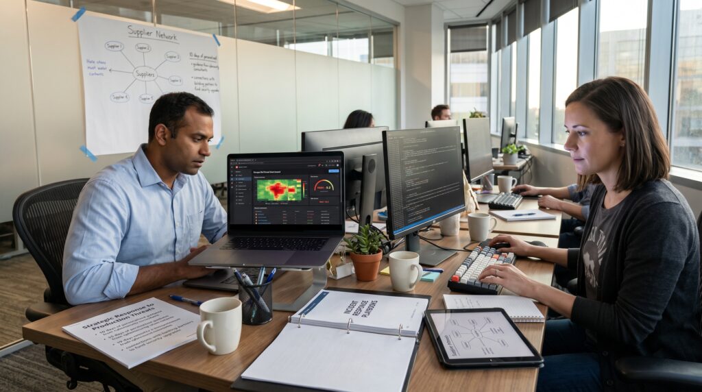 Deux professionnels collaborant dans un bureau moderne, concentrés sur l'analyse de données et des stratégies de cybersécurité, avec plusieurs écrans d'ordinateur.