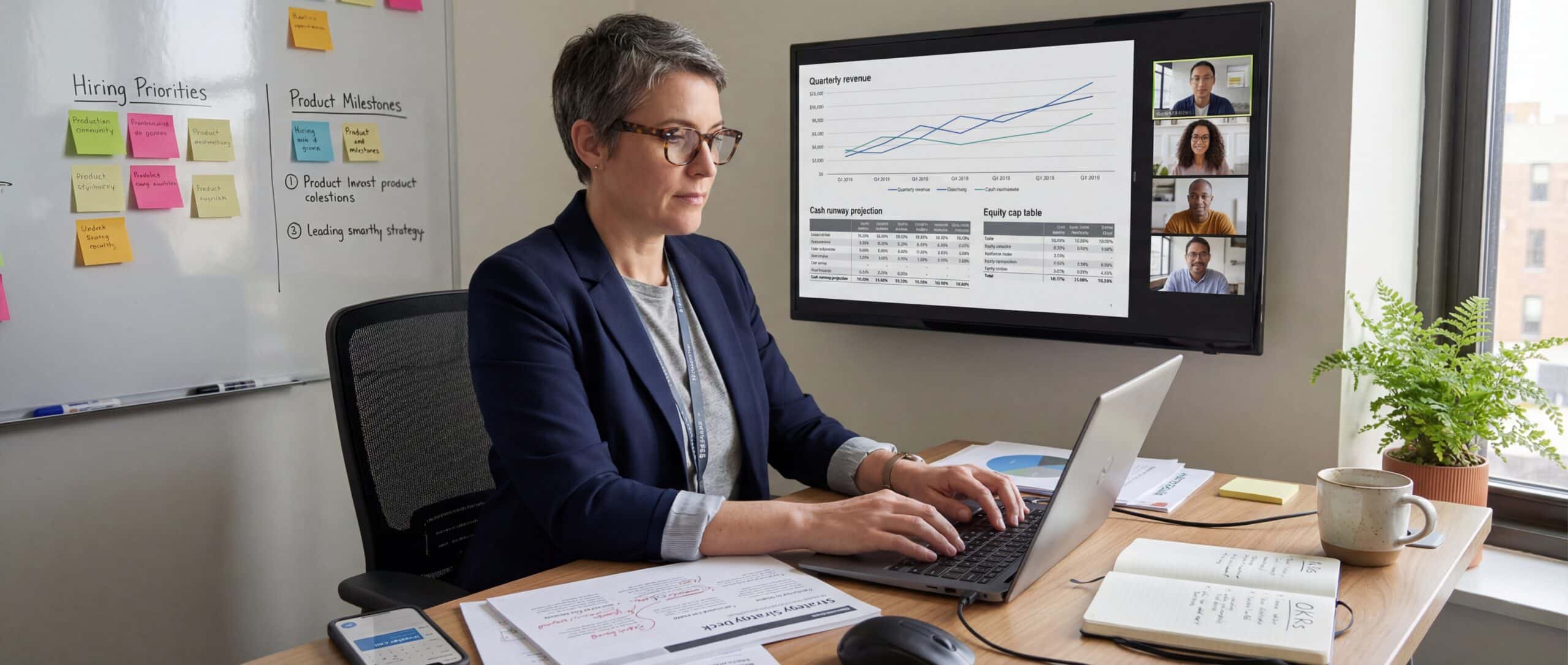 Mujer trabajando con un portátil en una oficina moderna, con gráficos financieros mostrados en una pantalla.