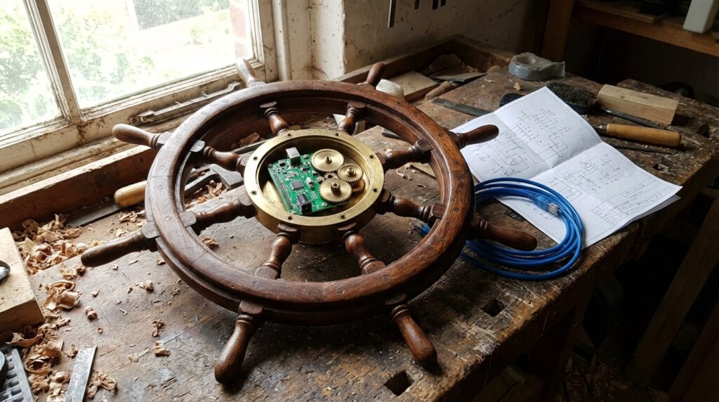 Barra de timón de madera modificada con un componente electrónico en el centro, colocada sobre un banco de trabajo con herramientas y planos técnicos.