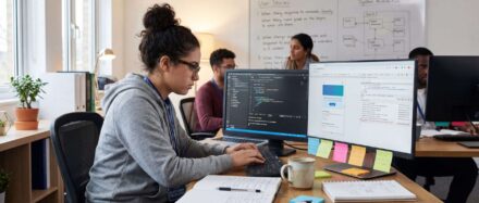 Una persona trabajando en ordenadores con notas adhesivas, ilustrando un entorno de bootcamp de formación.