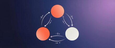 Ilustración de un diagrama que representa un modelo de cadena de Markov con círculos coloreados y flechas que indican las transiciones.