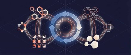 Ilustración que representa ciclos y sistemas interconectados, que simbolizan los principios de la cibernética.