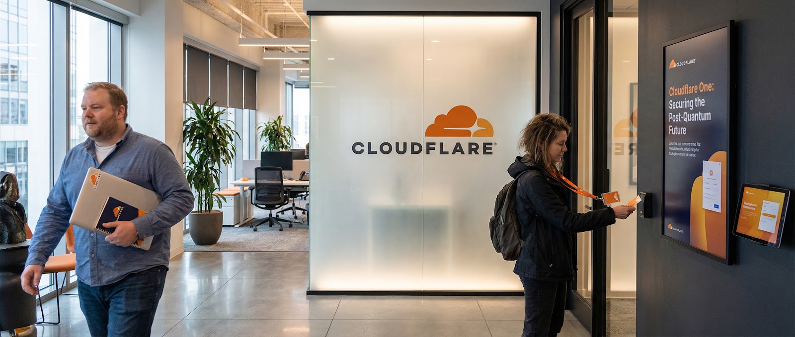 Personas ingresando a las oficinas de Cloudflare, destacando los avances tecnológicos en la seguridad de redes.