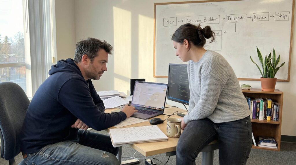 Dos personas colaboran en la oficina, analizando datos en un laptop, con notas y una pizarra blanca de fondo.