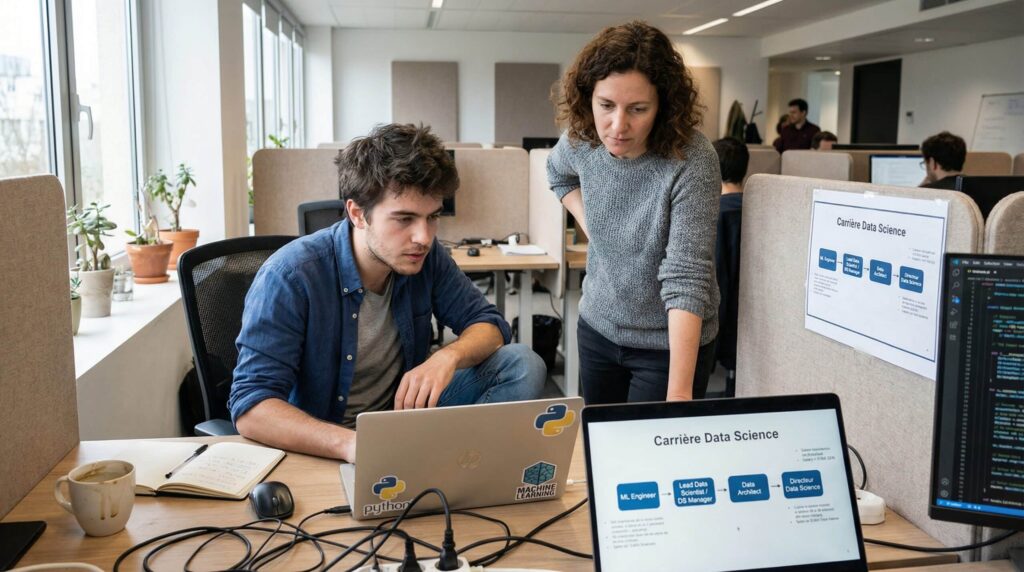 Dos colegas colaborando en un proyecto informático, con portátiles y gráficos de fondo.