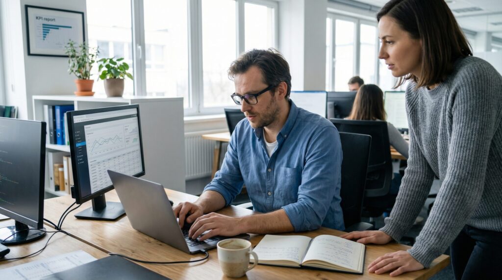 Dos colaboradores analizando datos en una computadora en la oficina con notas cercanas.