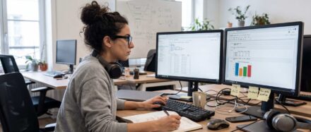 Una analista de datos trabajando en gráficos y tablas en dos pantallas de ordenador en una oficina moderna.