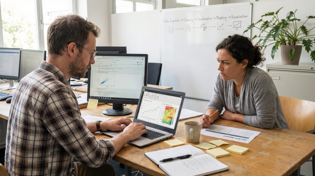 Dos personas discutiendo alrededor de una mesa con un ordenador portátil, notas adhesivas y un café.