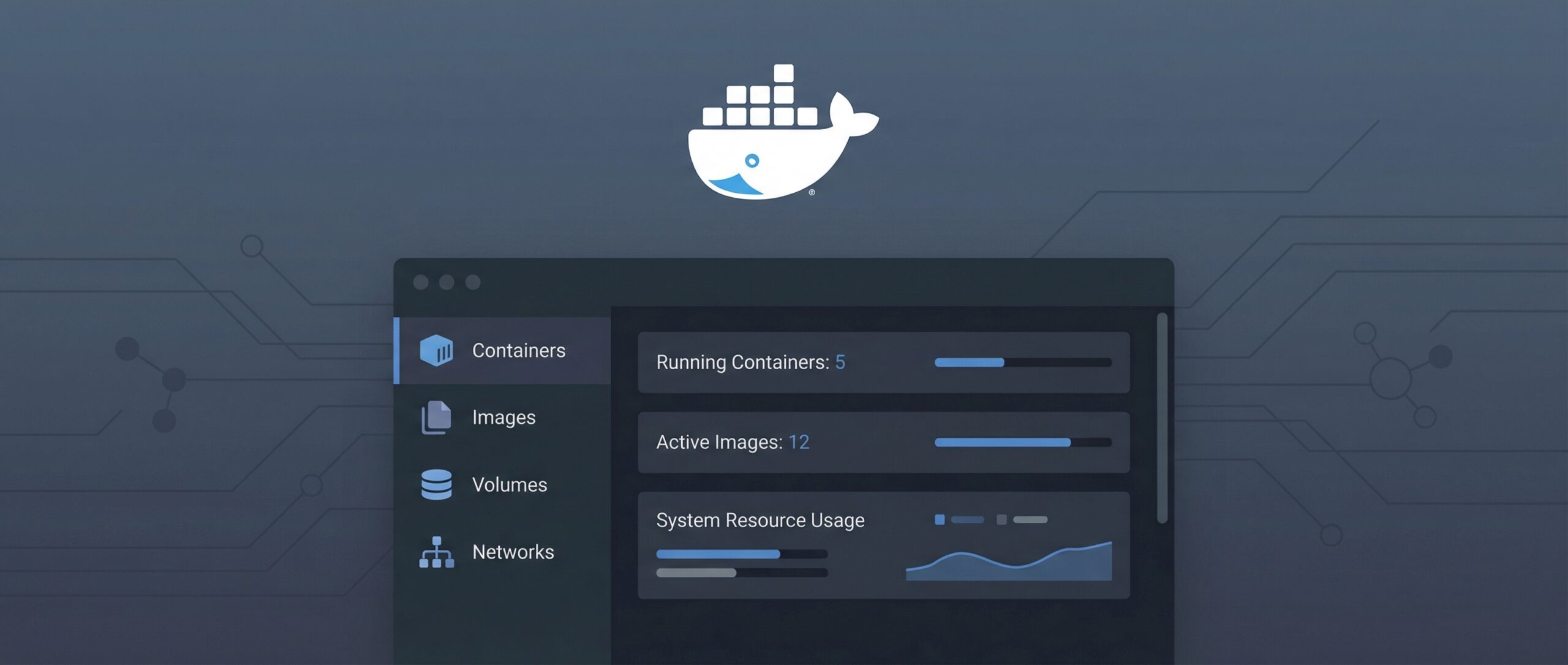 Interfaz de usuario de Docker con gráficos que muestran las estadísticas de los contenedores e imágenes.