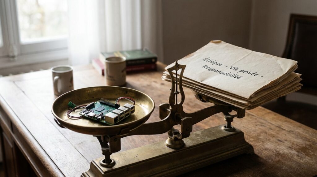 Balanza antigua que pesa una placa electrónica frente a documentos etiquetados 'Ética – Privacidad – Responsabilidad', simbolizando el dilema entre la tecnología y el respeto a la privacidad.