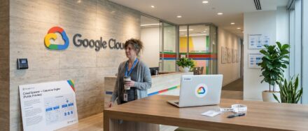 Vista interior de la recepción de la oficina de Google Cloud, con una mujer de pie junto a un escritorio y material promocional expuesto.