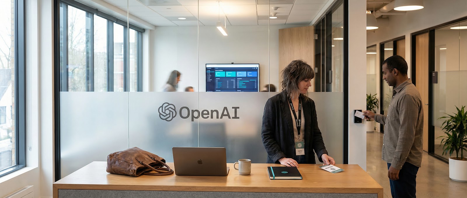 Empleados interactuando en una oficina de OpenAI, mostrando un espacio de trabajo colaborativo para el desarrollo de IA empresarial.