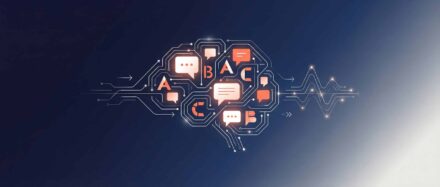 Ilustración de un cerebro estilizado con elementos de conversación, que simboliza el procesamiento del lenguaje natural (NLP).