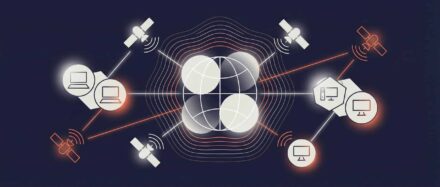 Ilustración de las redes de telecomunicaciones que muestran computadoras, satélites y conexiones interconectadas.