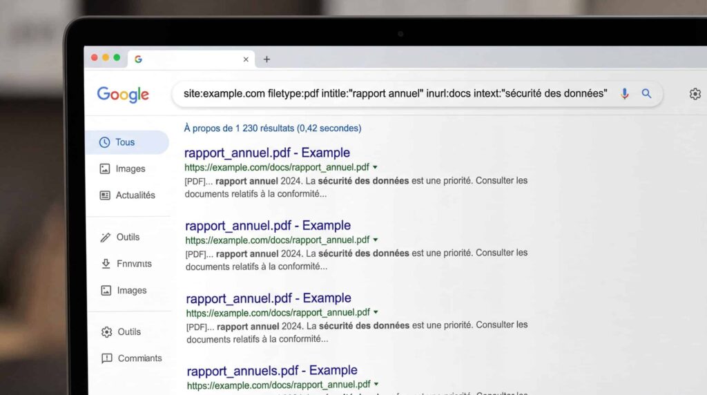 Captura de pantalla de los resultados de búsqueda de Google para un archivo PDF llamado 'rapport_annuel.pdf'.