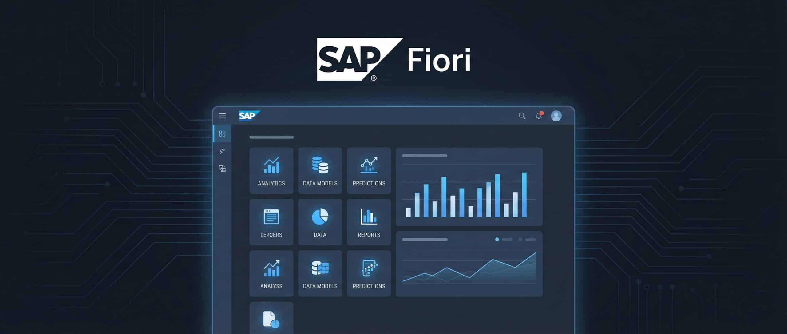 Interfaz de SAP Fiori que muestra gráficos e iconos de aplicaciones sobre un fondo oscuro.