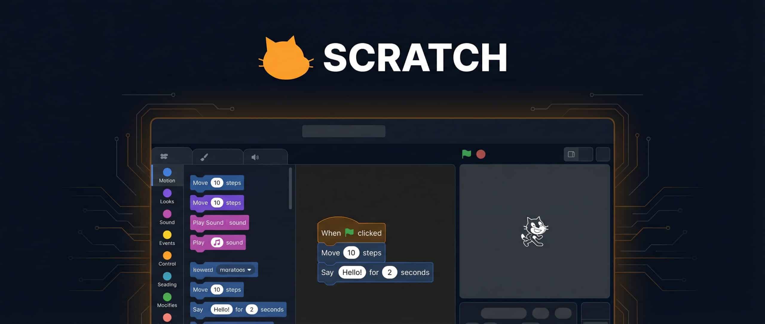 Interfaz del software Scratch que muestra bloques de programación para aprender a programar.