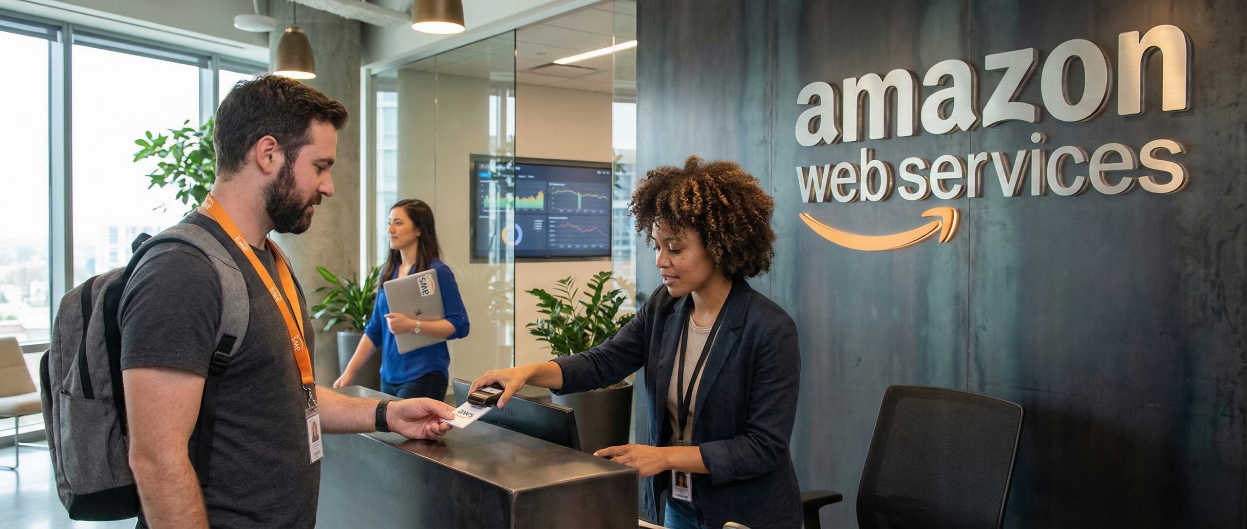 Un visitante registrándose en la recepción de la oficina de Amazon Web Services, ante un amable recepcionista en el mostrador.