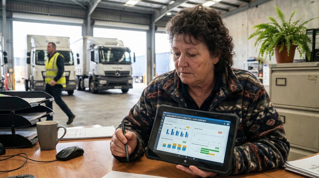 Mujer analizando datos en una tableta en un almacén, con camiones al fondo.