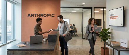 El área de recepción de Anthropic muestra una interacción profesional entre el personal, resaltando la transición hacia el control autónomo de computadoras.