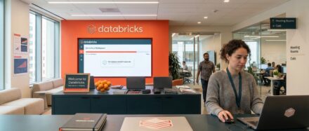 Un espacio de oficina moderno que incluye un entorno Databricks, con una mujer trabajando en un portátil y un vibrante fondo naranja mostrando analítica de datos.