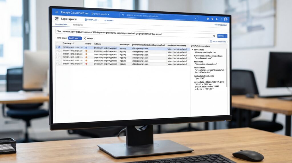 Pantalla de computadora que muestra un panel analítico de BigQuery Studio con tablas de datos.