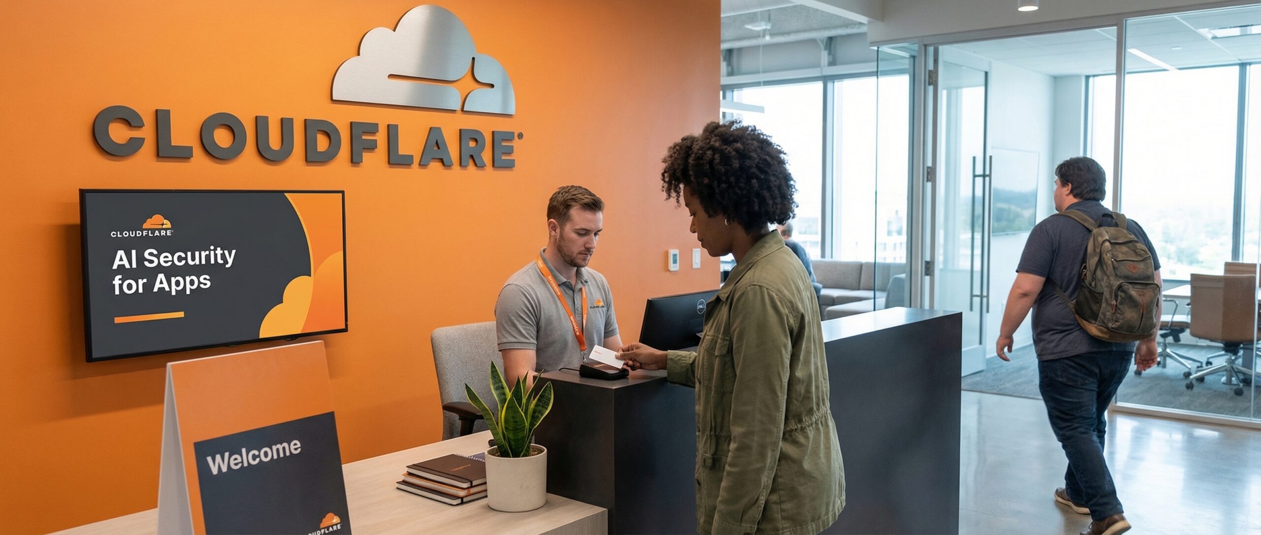 Área de recepción de Cloudflare que exhibe AI Security for Apps, con un miembro del personal atendiendo a un visitante.