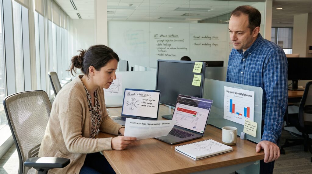 Dos colegas analizan informes de datos y gráficos durante una conversación en un moderno escritorio de oficina.
