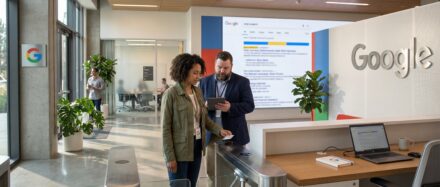 Dos profesionales analizando los resultados de búsqueda de Google en un moderno entorno de oficina con la marca de Google.