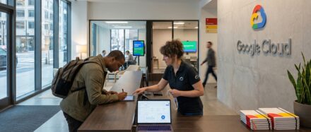 Un visitante registrándose en el mostrador de recepción de una oficina de Google Cloud, con el logotipo de la empresa al fondo.