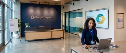 Una mujer trabajando en una computadora portátil en la oficina de Google DeepMind, con una diapositiva de presentación que muestra un marco cognitivo en la pantalla.