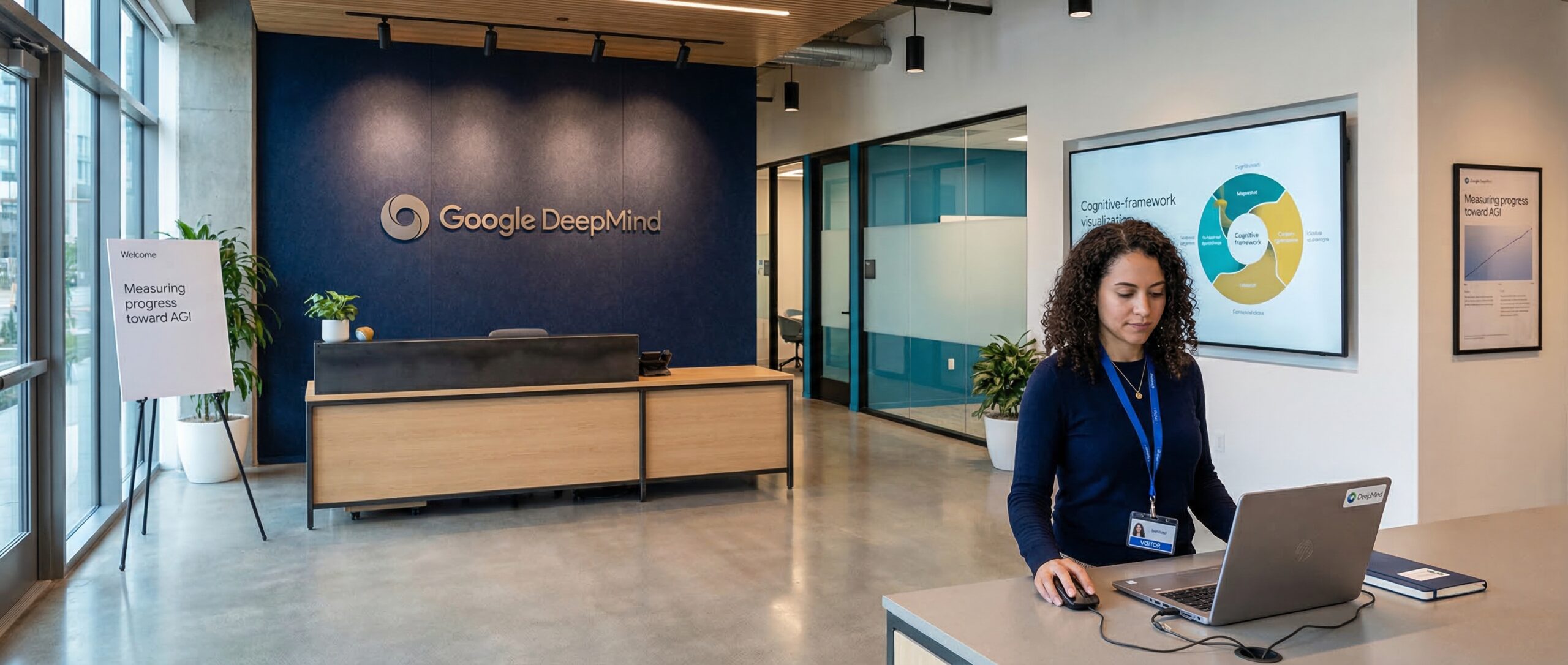 Una mujer trabajando en una computadora portátil en la oficina de Google DeepMind, con una diapositiva de presentación que muestra un marco cognitivo en la pantalla.
