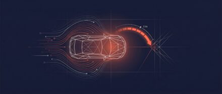 Ilustración del flujo aerodinámico de un automóvil con un indicador del sensor de velocidad, que representa una nueva fórmula para predecir accidentes.