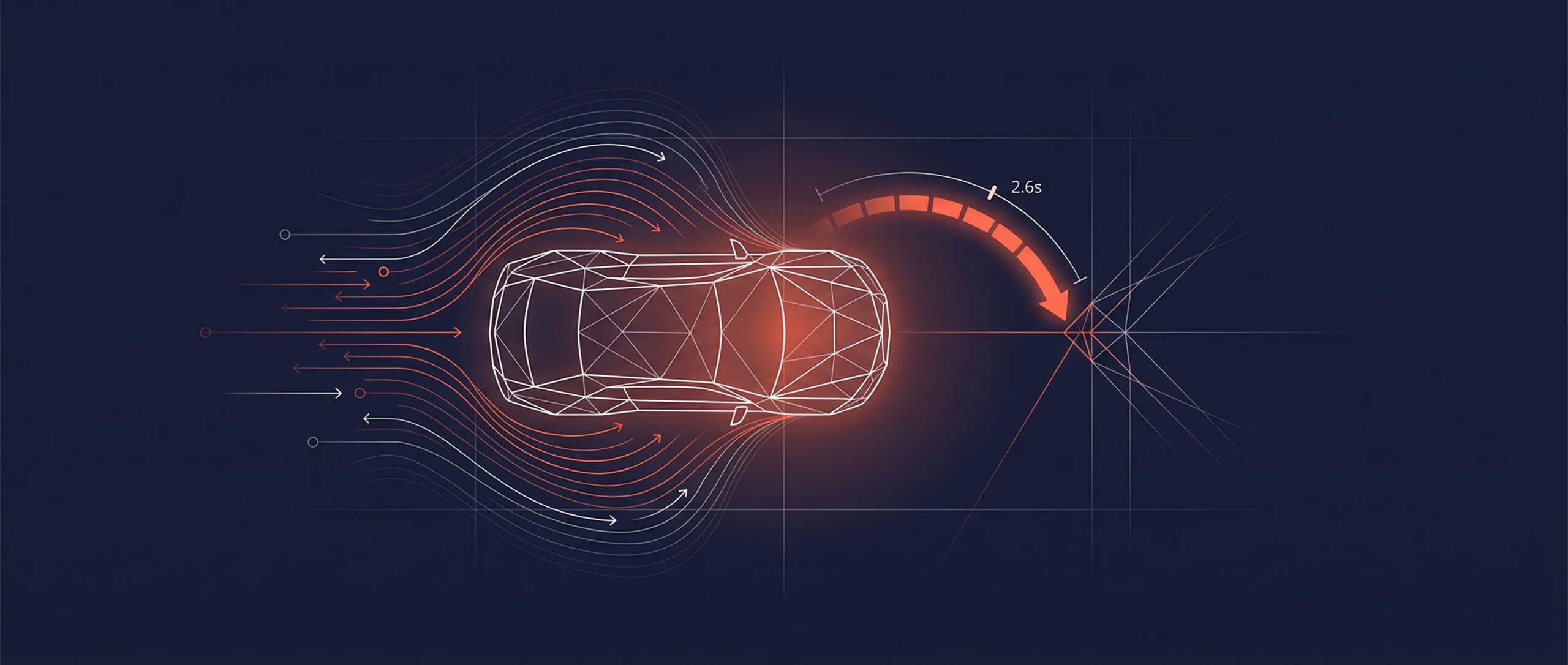 Ilustración del flujo aerodinámico de un automóvil con un indicador del sensor de velocidad, que representa una nueva fórmula para predecir accidentes.