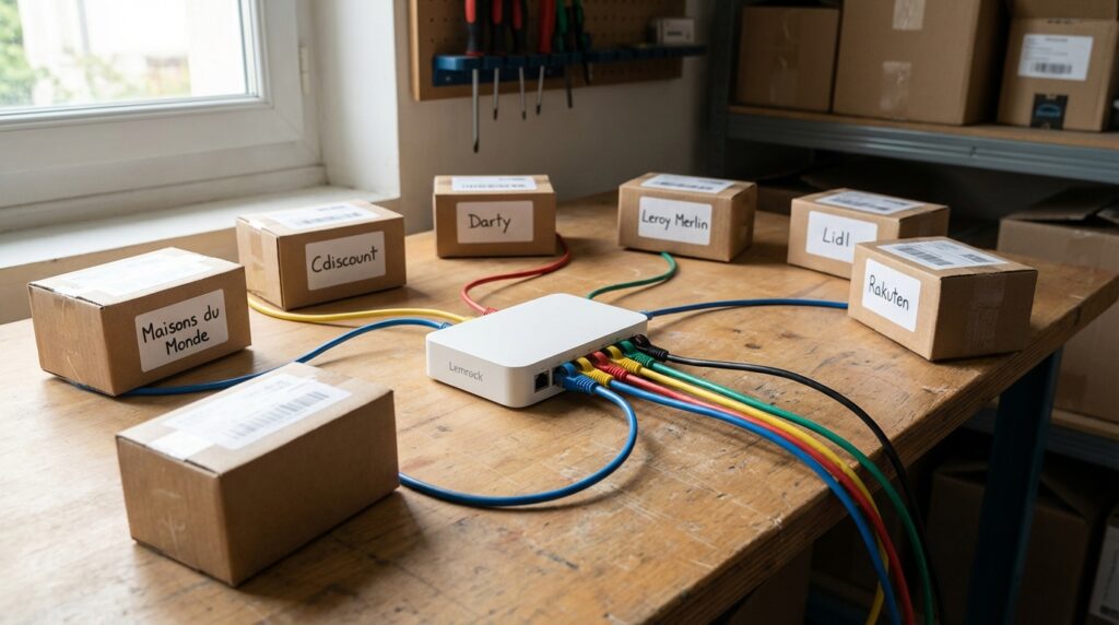 Estación de trabajo con un dispositivo central conectado a varios paquetes etiquetados que representan diversos componentes de la tecnología de comercio de Lemrock AI.