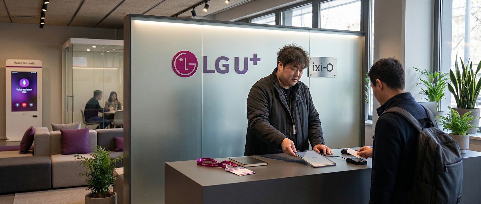 Un visitante interactúa con un representante en el stand de LG U+ durante el MWC 2026, exhibiendo avances en IA y tecnología de llamadas de voz.