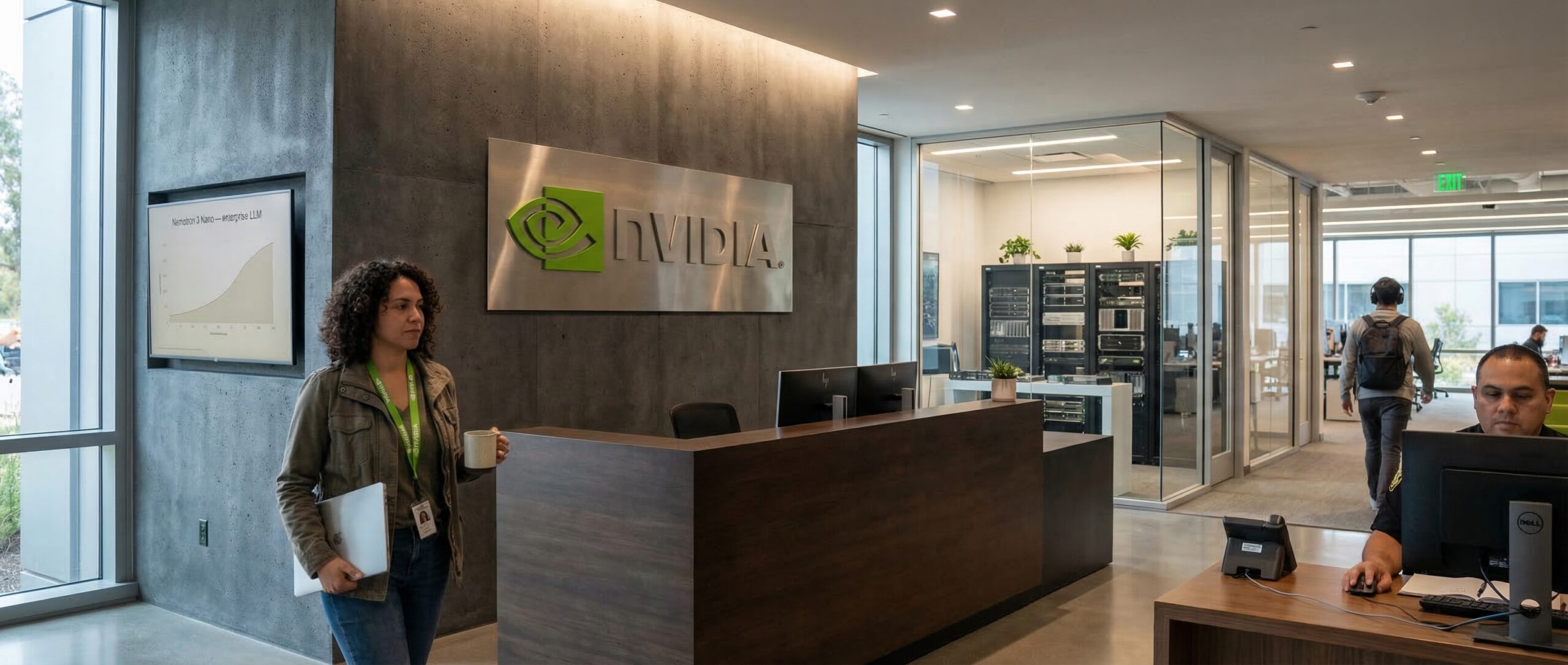 Área de recepción de la oficina de NVIDIA: una mujer sostiene un dispositivo y un miembro del personal está en un escritorio.