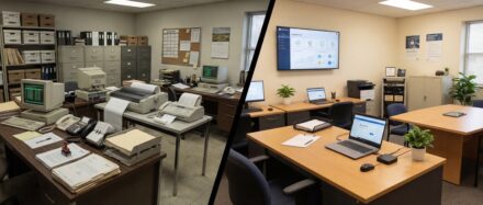 Vista dividida de una oficina antigua repleta de equipos retro y un espacio de trabajo moderno con computadoras, que refleja el cambio en las estrategias de soberanía digital.