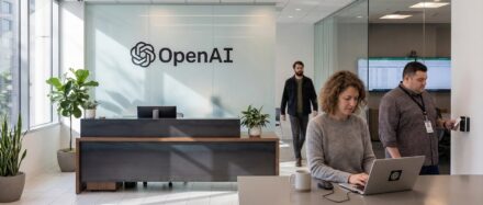Interior de la oficina de OpenAI que muestra una zona de recepción con miembros del equipo trabajando, resaltando el moderno espacio de trabajo.