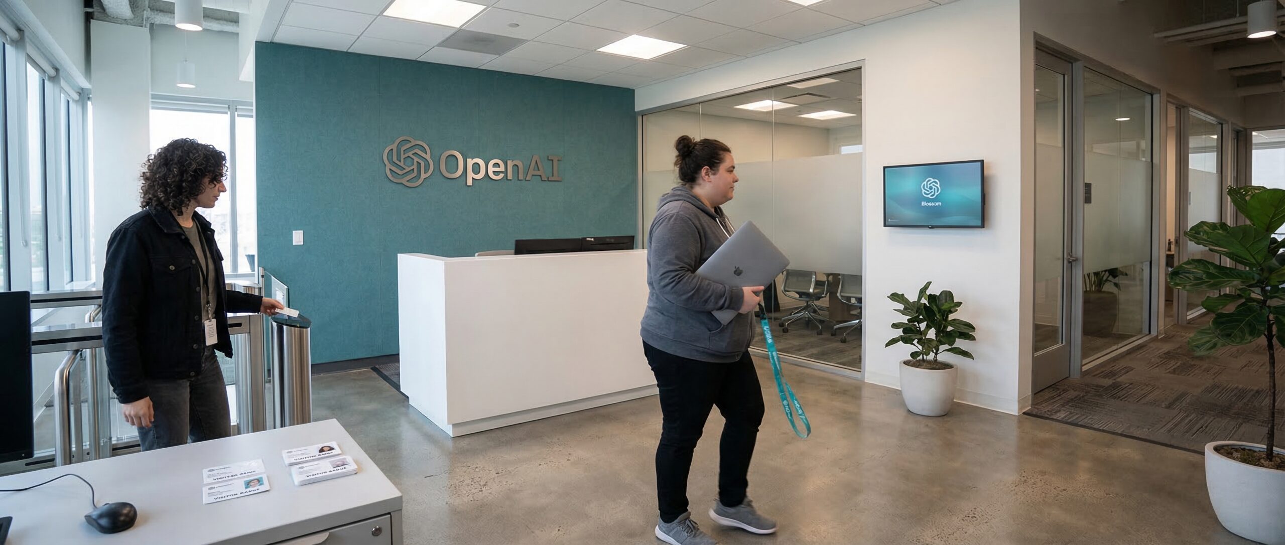 Dos mujeres entran en la oficina de OpenAI con un diseño moderno, la cual incluye un área de recepción y una pantalla digital que muestra tecnología.