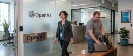 Dos profesionales en una oficina de OpenAI de diseño moderno, equipada con una entrada de cristal transparente y elementos de branding.