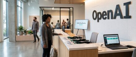 Área de recepción de la oficina de OpenAI, con una mujer interactuando con tecnología y un espacio de trabajo colaborativo al fondo.