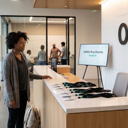 Área de recepción de la oficina de OpenAI, con una mujer interactuando con tecnología y un espacio de trabajo colaborativo al fondo.